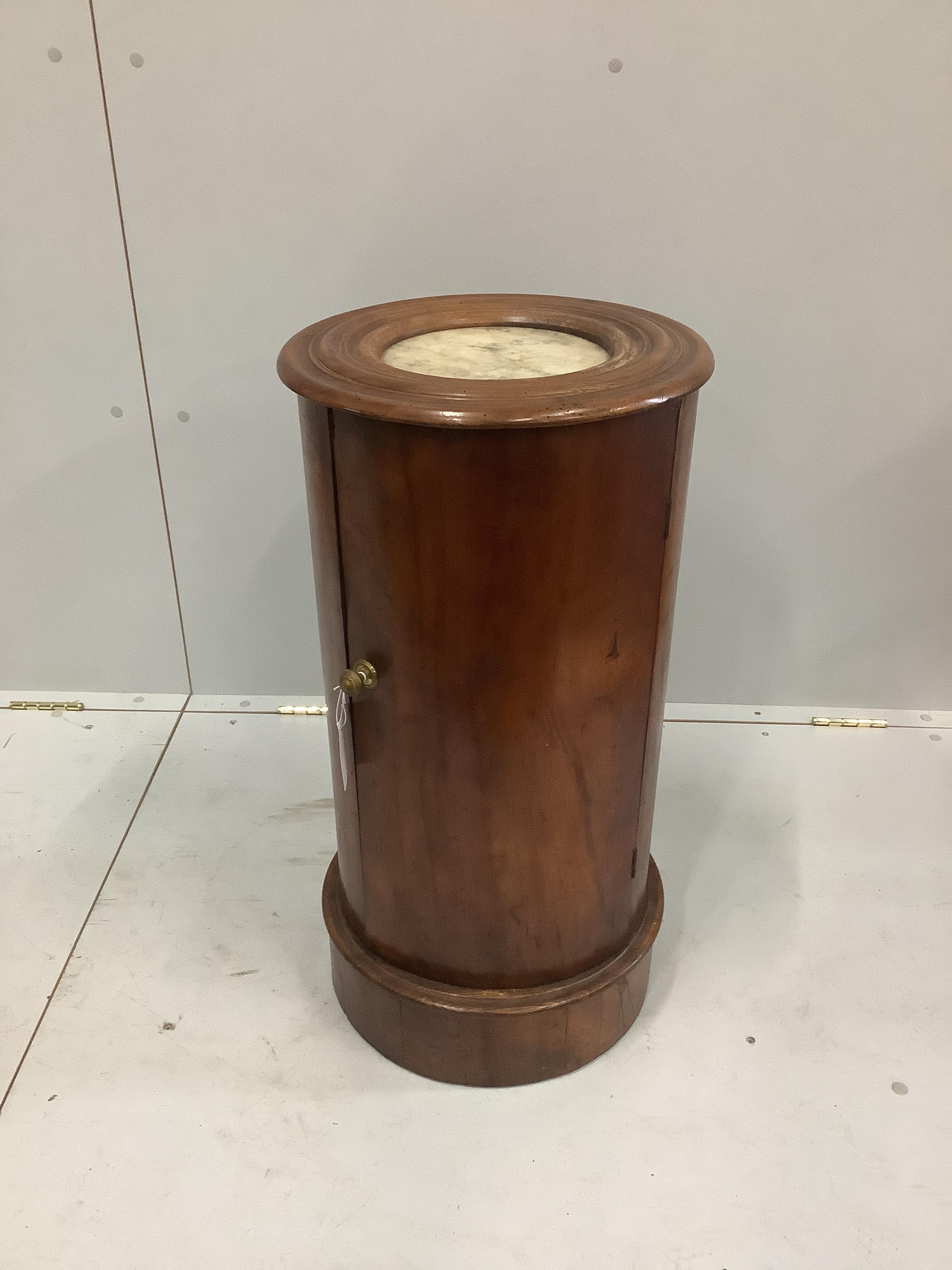 A Victorian mahogany cylindrical pot cupboard with marble inset top, diameter 35cm, height 73cm